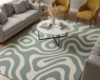 Tapis abstrait moderne capitonné à la main – Tapis à motifs ondulés bleus et crème