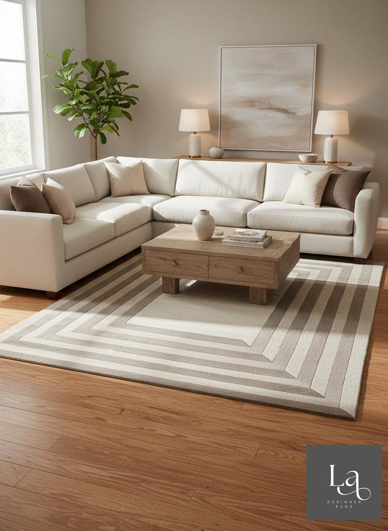 Modern Concentric Rectangular Pattern Tufted Rug in Beige and Brown Tones image 15