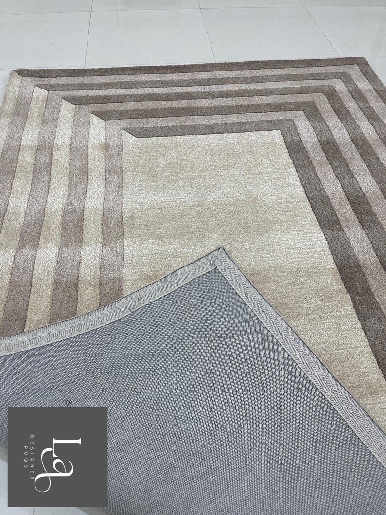 Modern Concentric Rectangular Pattern Tufted Rug in Beige and Brown Tones image 8