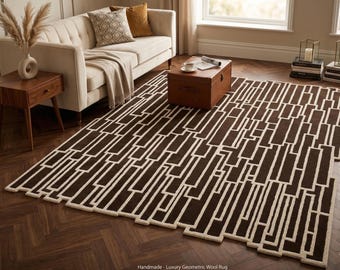 Hand-Tufted Geometric Wool Rug – Brown Ivory Abstract Living Room Decor
