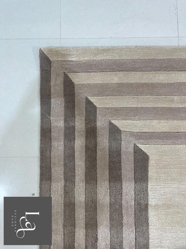 Modern Concentric Rectangular Pattern Tufted Rug in Beige and Brown Tones image 3