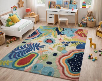 Colorful Botanical Abstract Area Rug, Boho Maximalist Living Room Carpet