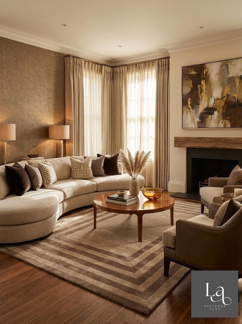 Modern Concentric Rectangular Pattern Tufted Rug in Beige and Brown Tones image 1