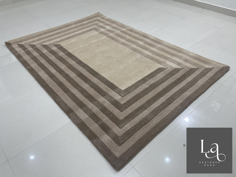 Modern Concentric Rectangular Pattern Tufted Rug in Beige and Brown Tones image 12