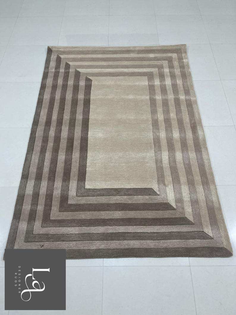 Modern Concentric Rectangular Pattern Tufted Rug in Beige and Brown Tones image 2