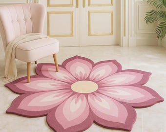 Handmade Flower Shaped Rug, Pink Tufted Floral Area Carpet, Cottagecore Bedroom Decor