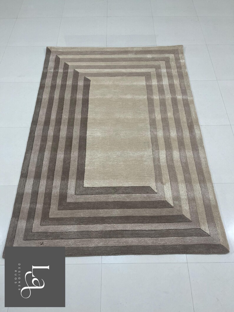 Modern Concentric Rectangular Pattern Tufted Rug in Beige and Brown Tones image 13