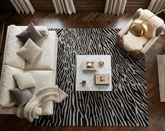 Handmade Zebra Rug Black and White Abstract Area Rug, Custom Tufted Wool Rug for Living Room, Modern Animal Print Rug Large Aesthetic Decor
