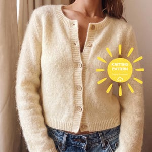 Stickmönster Kofta, Fuzzy Mohair Tröja med Knappar PDF, Fluffig Kort Jacka, Digital Nedladdning