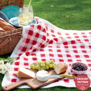 May include: A picnic scene with a red and white checkered crochet blanket, a wicker basket, and food items. The blanket is spread on green grass and has a pattern of red squares. The basket contains bread and blue plates. There are also grapes, cheese, and olives.