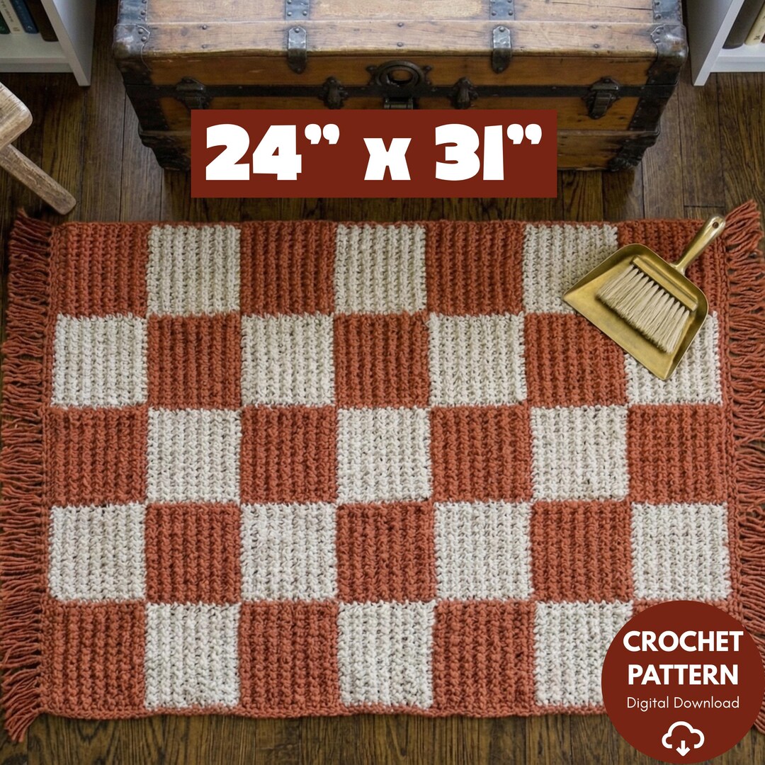 Checkboard Rug Pattern Seamless Checkerboard Rug, Beginner Crochet Pattern, Chunky Floor Mat, Vintage ...