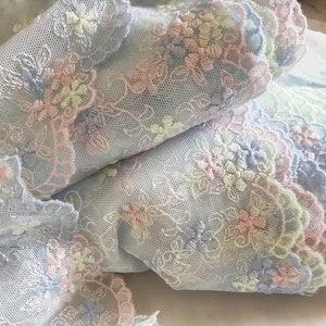 2 Yards Embroidered Lace Trim Pink Purple Light Green Flowers Embroidered Light Blue Tulle Lace Trim 7.87 Inches Wide