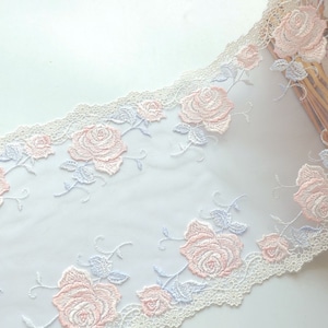 Double Edged Lovely Lace Trim Light Pink Roses Embroidered Tulle Lace 8.46 Inches Wide By The Yard