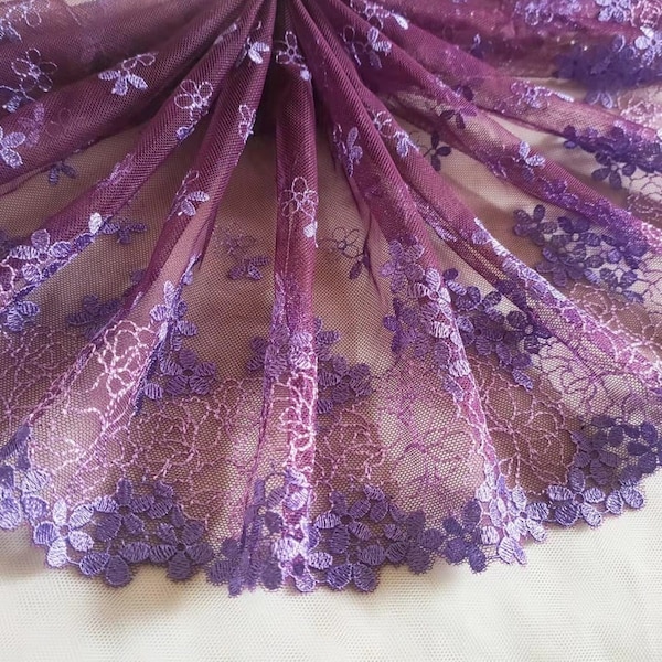 3.7 Yards Lace Trim Purple Floral Embroidered Tulle Lace 9 Inches Wide High Quality