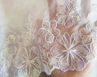 2 Yards Lace Trim Purple Daisy Flowers Embroidered Ivory Tulle Lace 7 Inches Wide High Quality