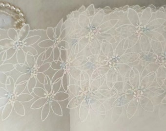 Lovely Lace Trim Colored Flowers Embroidered Cream White Tulle Lace 7 Inches Wide High Quality