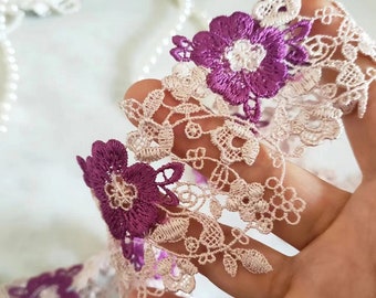 Exquisite Venice Lace Trim Purple Flowers Scalloped Embroidery Necklace Supplies 2.36 Inches Wide