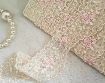 3 Yards Light Beige Lace Trim Lovely Pink Flowers Embroidery Tulle Lace Trim 1.77 Inches Wide