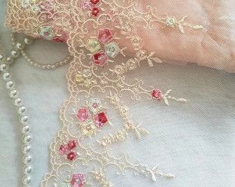 2 Yards Lolita Roses Floral Embroidered Peachy Tulle Lace Trim 5.1 Inches Wide
