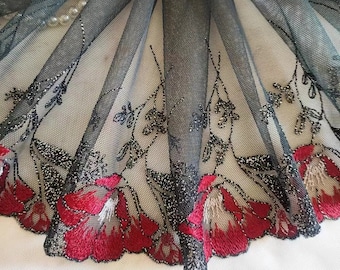 2 Yards Red Floral Embroidered Deep Grey Tulle Lace 7 Inches Wide High Quality