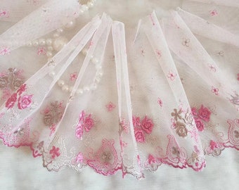 2 Yards Lovey Floral Embroidered Lace Pink Tulle Lace 5.9 Inches Wide