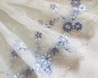 2 Yards Lace Trim Purple Floral Embroidered Light Blue Tulle Lace 7.87 Inches Wide High Quality