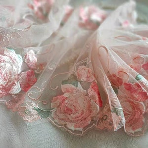 Gorgeous Tulle Lace Trim Pink Rose Flowers Floral Embroidered Scalloped Lace 11 Inches Wide High Quality By The Yard