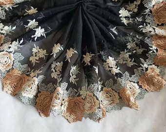 Dentelle 2 Yards Trim Gold Roses Flowers Floral Embroidered Black Tulle Lace 8.26 Inches Wide