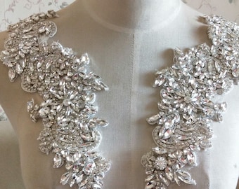 Fabulous Full Rhinestone Crystal Applique Pair For Bridal Accessories Wedding Dress Sash Haute Couture Costume Embellishment