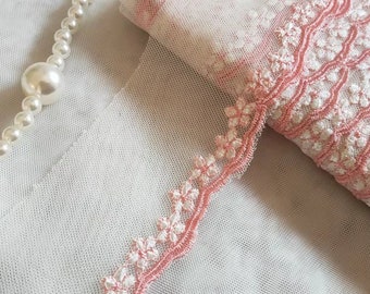 6 Yards Lace Trim Pink Flowers Embroidered Ivory Tulle Lace 2.36 Inches Wide High Quality