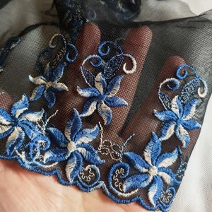 2 Yards Lace Trim Blue Embroidered Black Tulle Lace 5.1 Inches Wide High Quality