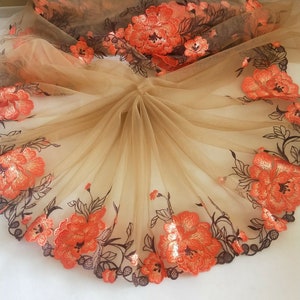 2 Yards Lace Trim Orange Flower Embroidered Khaki Tulle Lace 7.87 Inches Wide High Quality