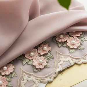 Gorgeous Lace Trim Beaded Pink Flowers Lace With Gree leaves Gold Scalloped Lace 4.7 Inches Wide High Quality By The Yard