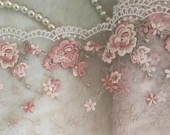 Lovely Lace Trim Roses Flowers Embroidered Peachy Pink Tulle Lace 7 Inches Wide High Quality