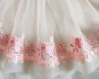 2 Yards Lace Trim Pink Flower Embroidered Tulle Lace With Ribbon 11.41 Inches Wide