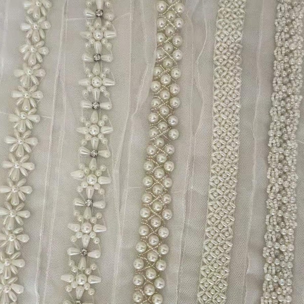 Ivory Beaded Lace Trim Pearl Beaded Lace Trim 1 Yard For Costume Wedding Dress Belt Bridal Sash Jewelry Design