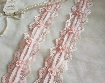 3 Colors Lovely Lace Trim Pink Venice Lace Trim With Pearl Beaded 1.9 Inch Wide High Quality By The Yard