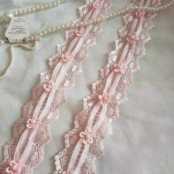 3 Colors Lovely Lace Trim Pink Venice Lace Trim With Pearl Beaded 1.9 Inch Wide High Quality By The Yard
