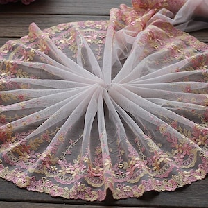 2 Yards Lace Trim Exquisite Pink Flowers Embroidered Tulle Lace 8.26 Inches Wide High Quality