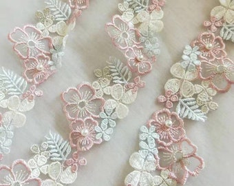 Lovely Lace Trim Macaron Color Flower Embroidered With Pearl Beaded Lace 2.36 Inches Wide By the yard