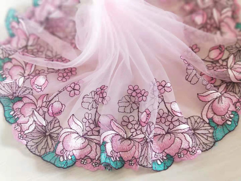 2 Yards Lace Trim Pink Lotus Floral Embroidered Tulle Lace Etsy