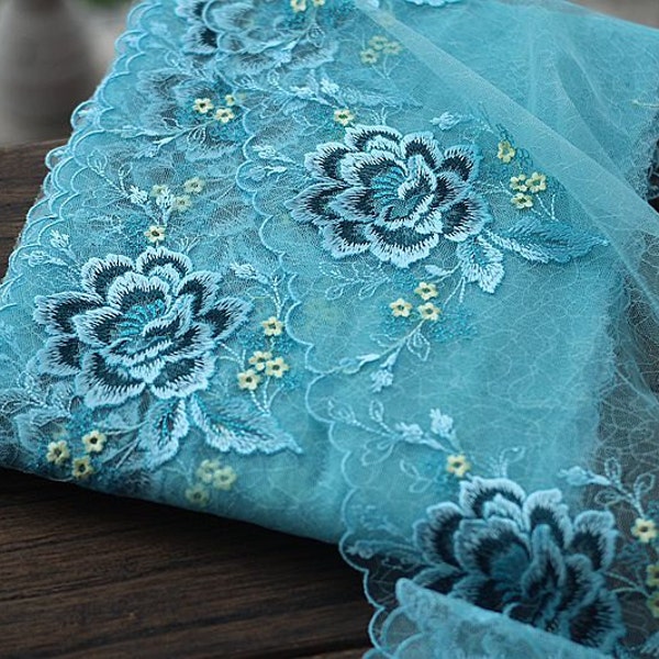 2 werven kant Trim exquise cyaan bloemen geborduurde Tule Lace 7.87 inch brede hoge kwaliteit