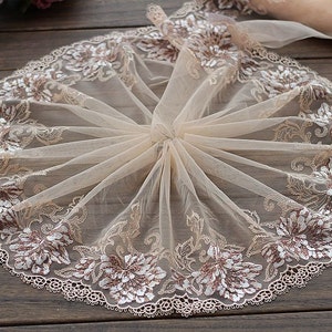 2 Yards Embroidered Lace Trim Beige Tulle Lace Trim Floral Embroidered Lace 9 Inches Wide