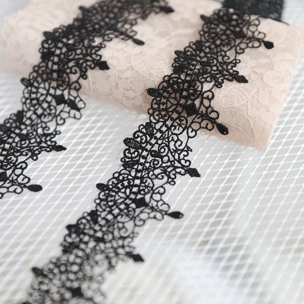 2 Yards Exquisite Black Venice Lace Trim Scalloped Aulic Embroidery Necklace Supplies 1.77 Inches Wide