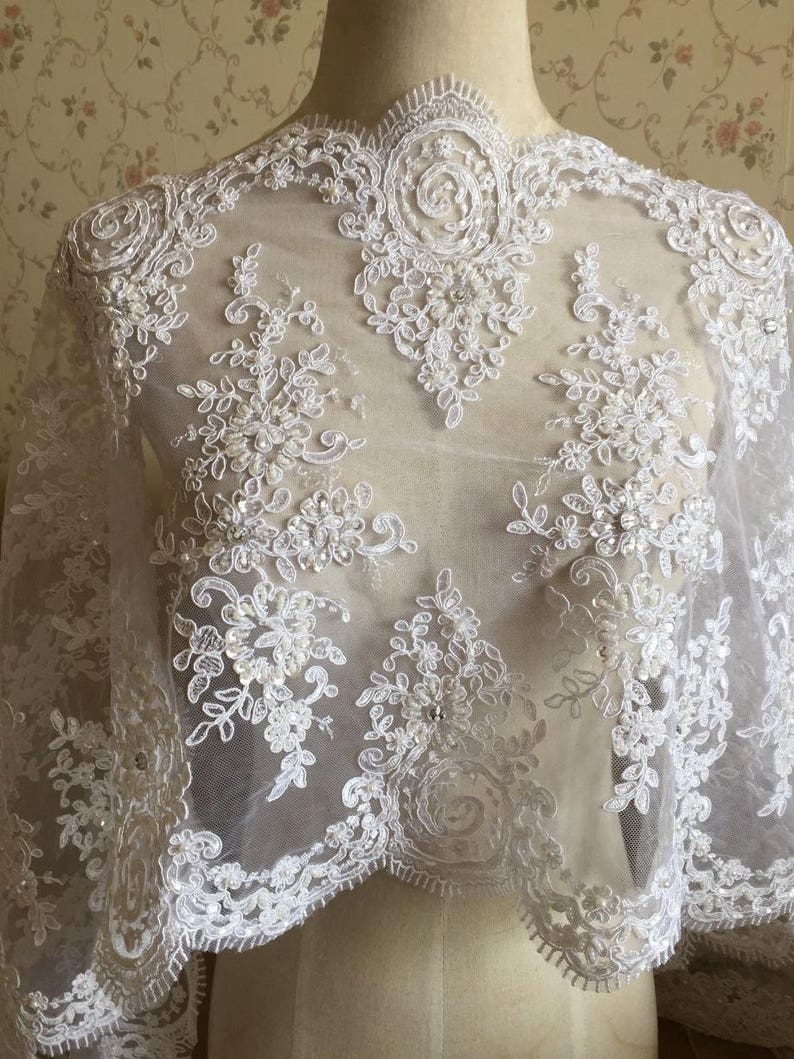 White Alencon Lace Fabric Floral Peal Beaded Sequined Wedding - Etsy