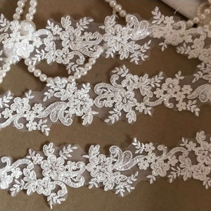 Ivory Pearl Beaded Alencon Lace Trim Wedding Lace Trim Aulic Retro Embroidered Lace 1.96 Inches Wide 1 Yard Bridal Veil Dress Supply