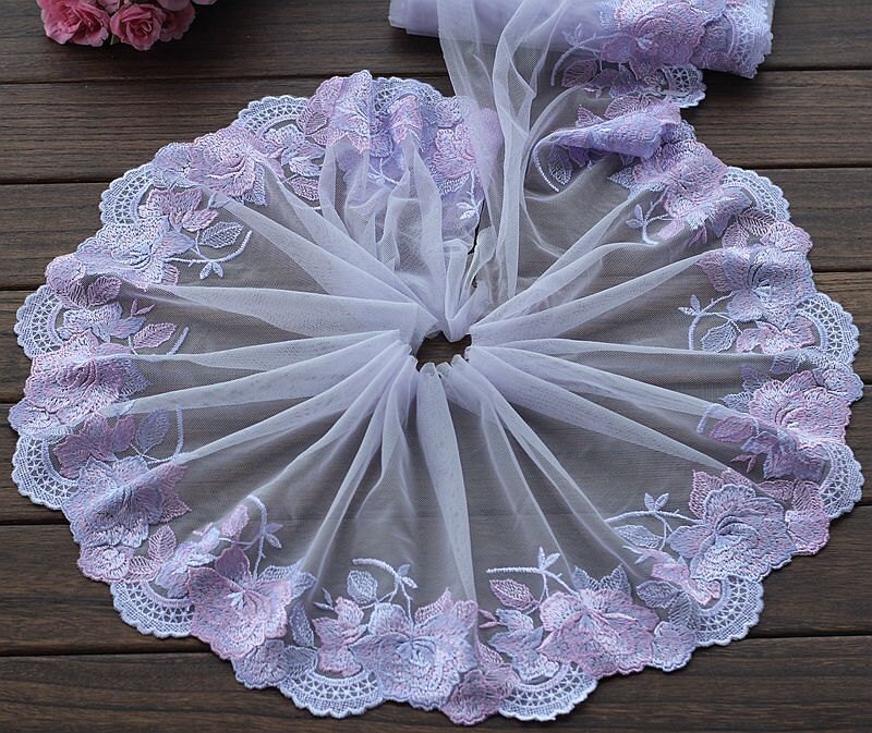 Lace Trim Purple Floral Embroidered Tulle Lace 7.4" Wide High Quality Lace Trim Purple Floral Embroidered Tulle Lace 7.4" Wide High Quality