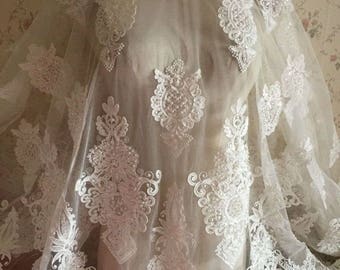 Super Luxury Lace Fabric Ivory Beaded Sequined Flowers Embroidered Tulle Gauze Lace 1 yard Wedding Supplies wl 18