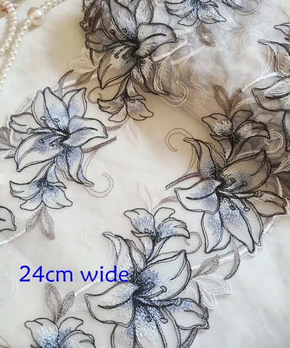 2 Colors Gorgeous Lace Trim Big Flowers Floral Embroidered Double Edged Tulle Lace 9.44 Inches Wide High Quality By The Yard