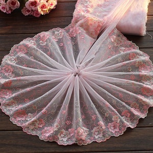 2 Yards Embroidered Lace Trim Pink Rose Floral Embroidered Tulle Lace Trim 8.66 Inches Wide